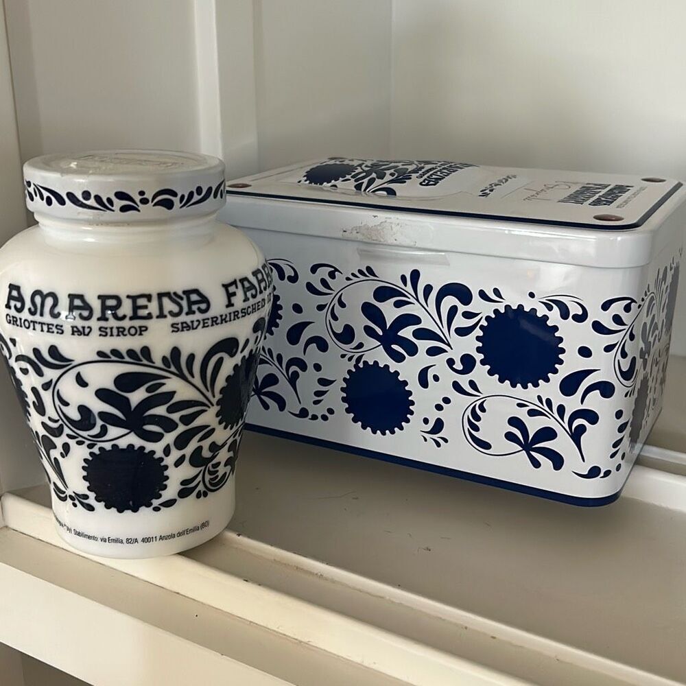 Blue & White Cherries Jar & Tin